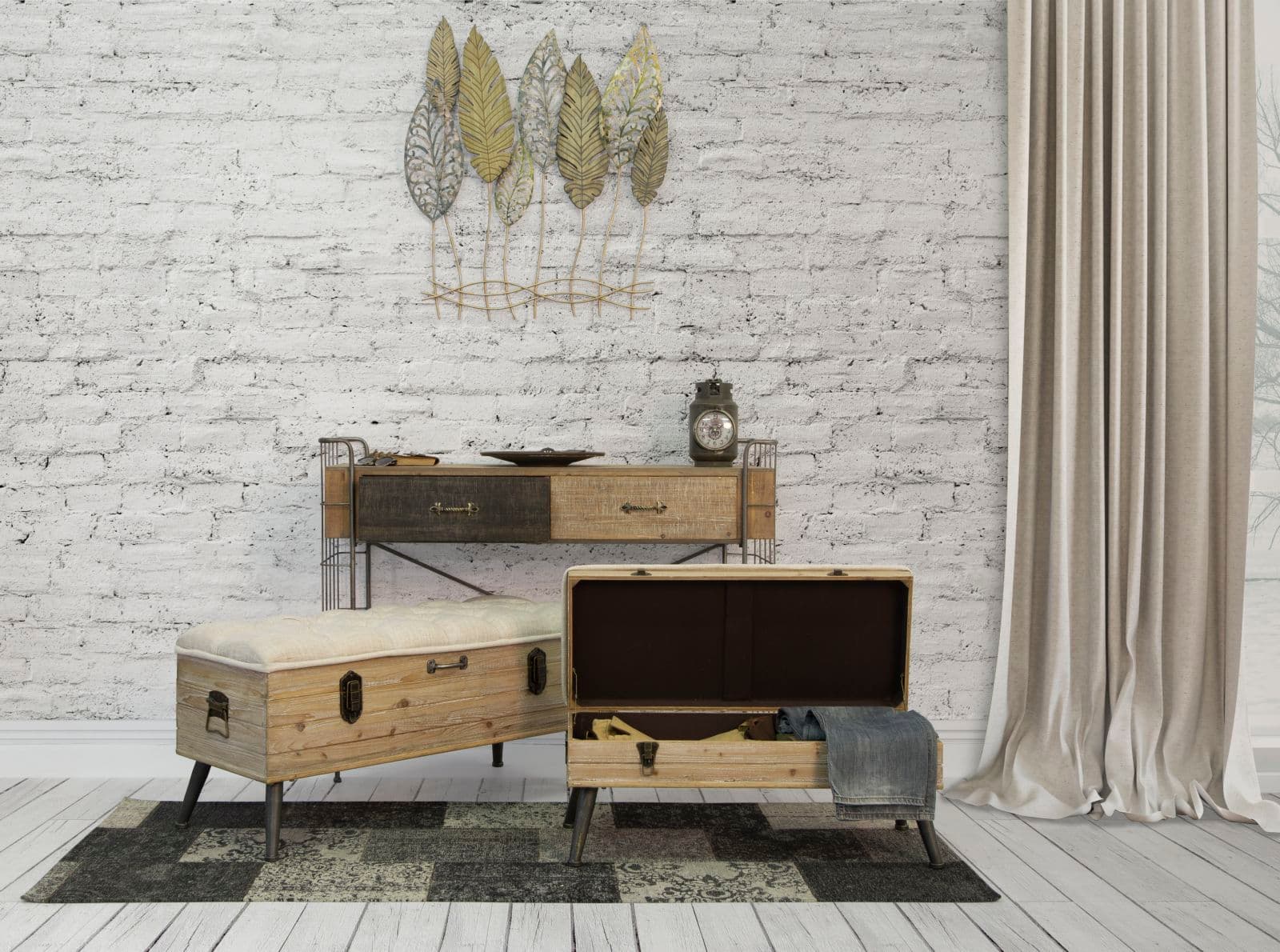 Panca in tessuto con contenitore in legno gambe in ferro per interni set da 2 in Panche contenitore Decor Space - Altamura, commercioVirtuoso.it