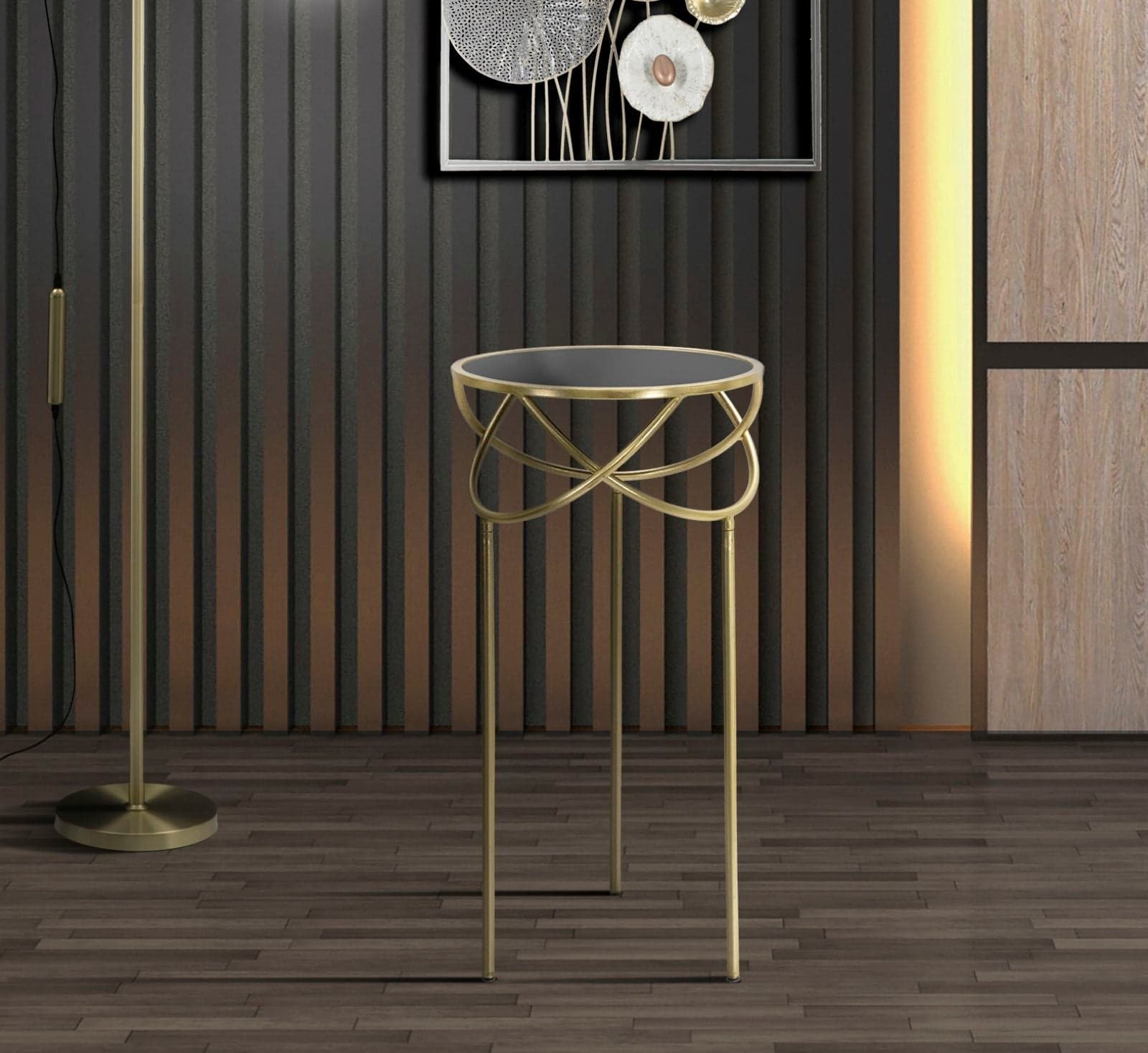 Tavolino porta telefono ring rotondo struttura in ferro color oro e vetro per interni in Console e tavoli da divano Decor Space - Altamura, commercioVirtuoso.it