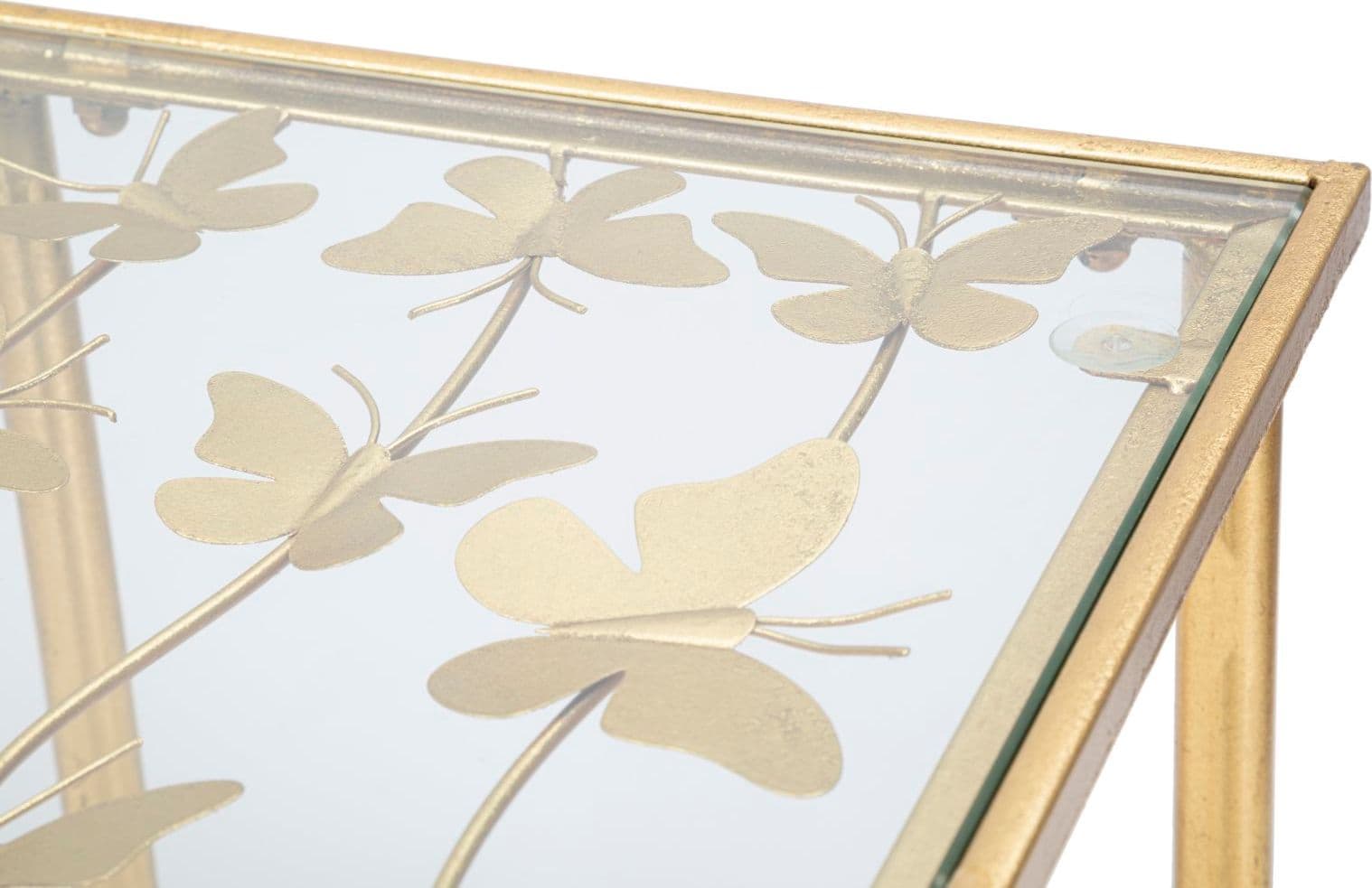 Console struttura in metallo color oro ripiano in vetro con farfalle per interni in Credenze Decor Space - Altamura, commercioVirtuoso.it