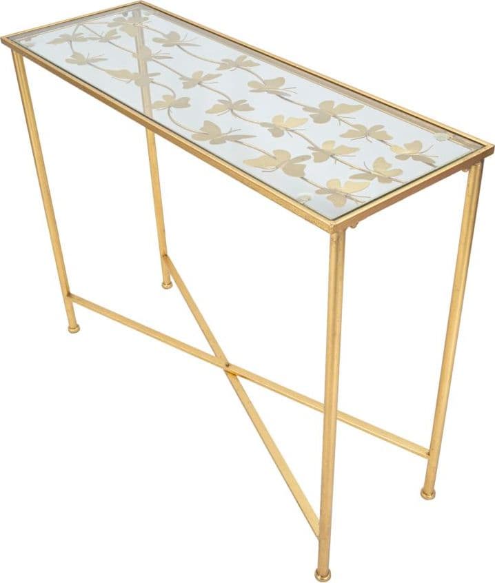 Console struttura in metallo color oro ripiano in vetro con farfalle per interni in Credenze Decor Space - Altamura, commercioVirtuoso.it