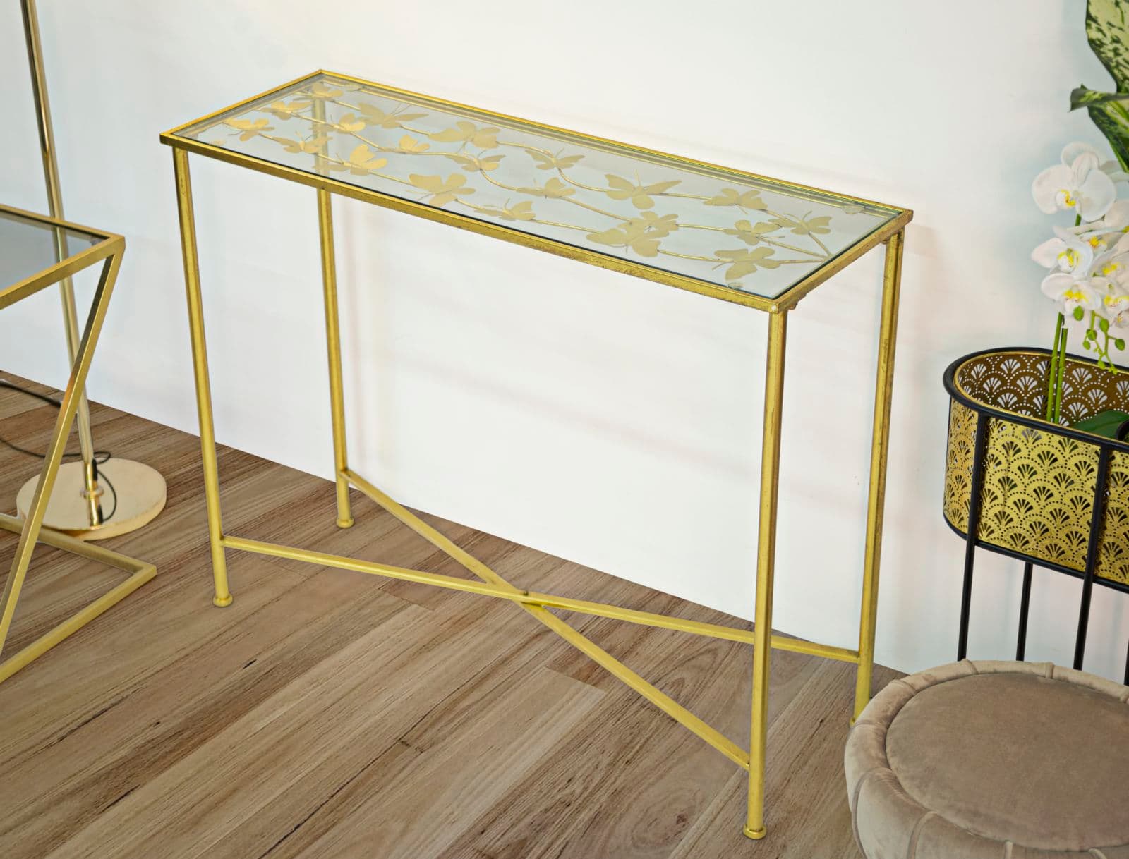 Console struttura in metallo color oro ripiano in vetro con farfalle per interni in Credenze Decor Space - Altamura, commercioVirtuoso.it