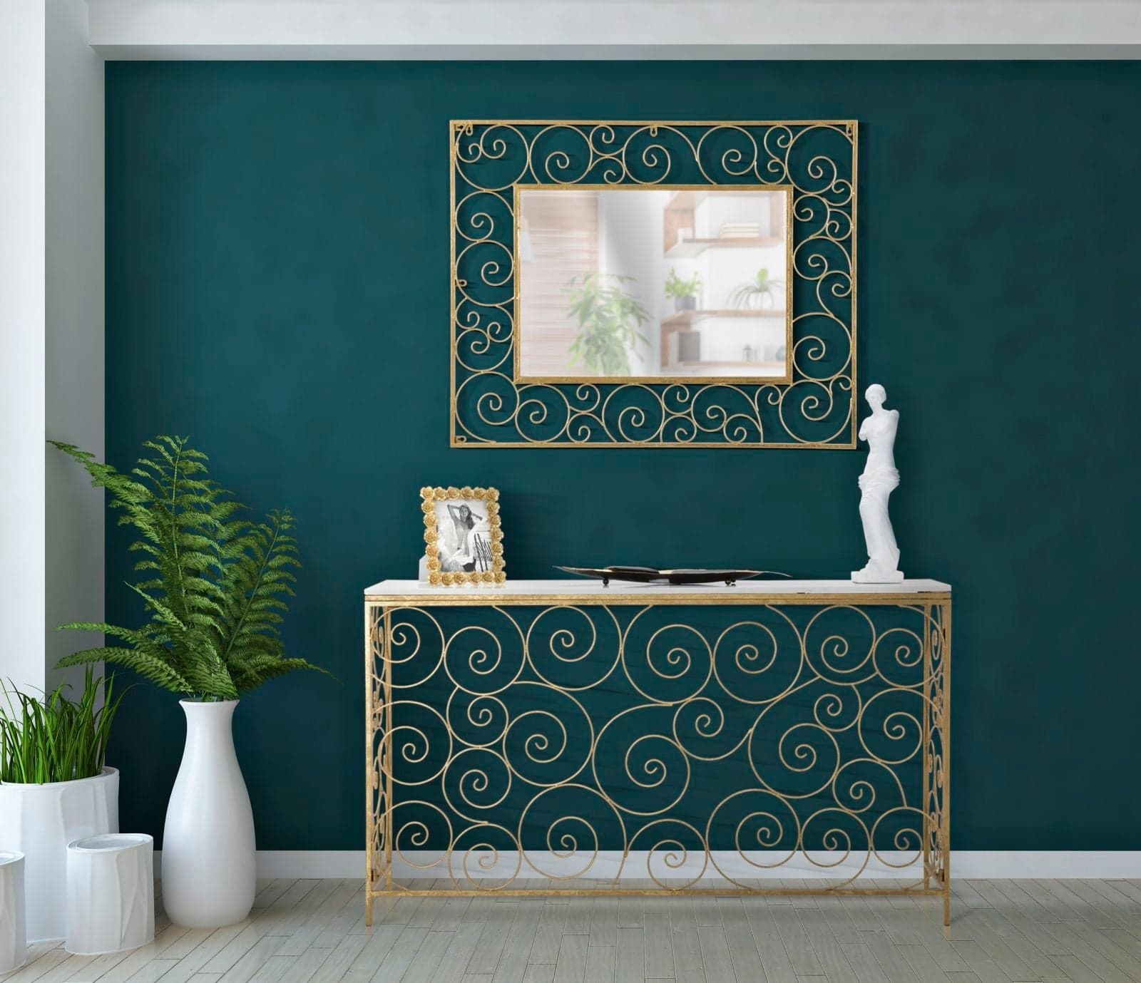 Console "Spiral" struttura in metallo color oro ripiano in vetro per interni in Credenze Decor Space - Altamura, commercioVirtuoso.it