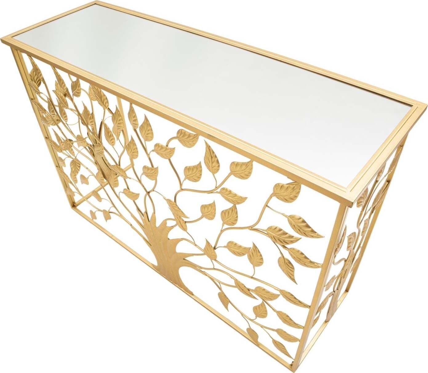 Console-albero-struttura-in-metallo-e-legno-MDF-con-ripiano-in-vetro-per-interni