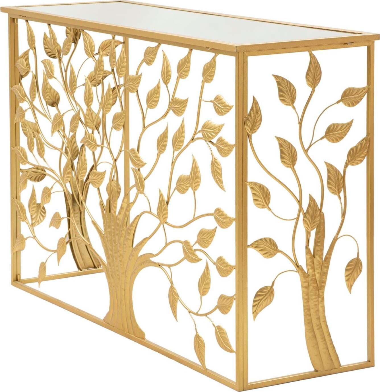 Console-albero-struttura-in-metallo-e-legno-MDF-con-ripiano-in-vetro-per-interni