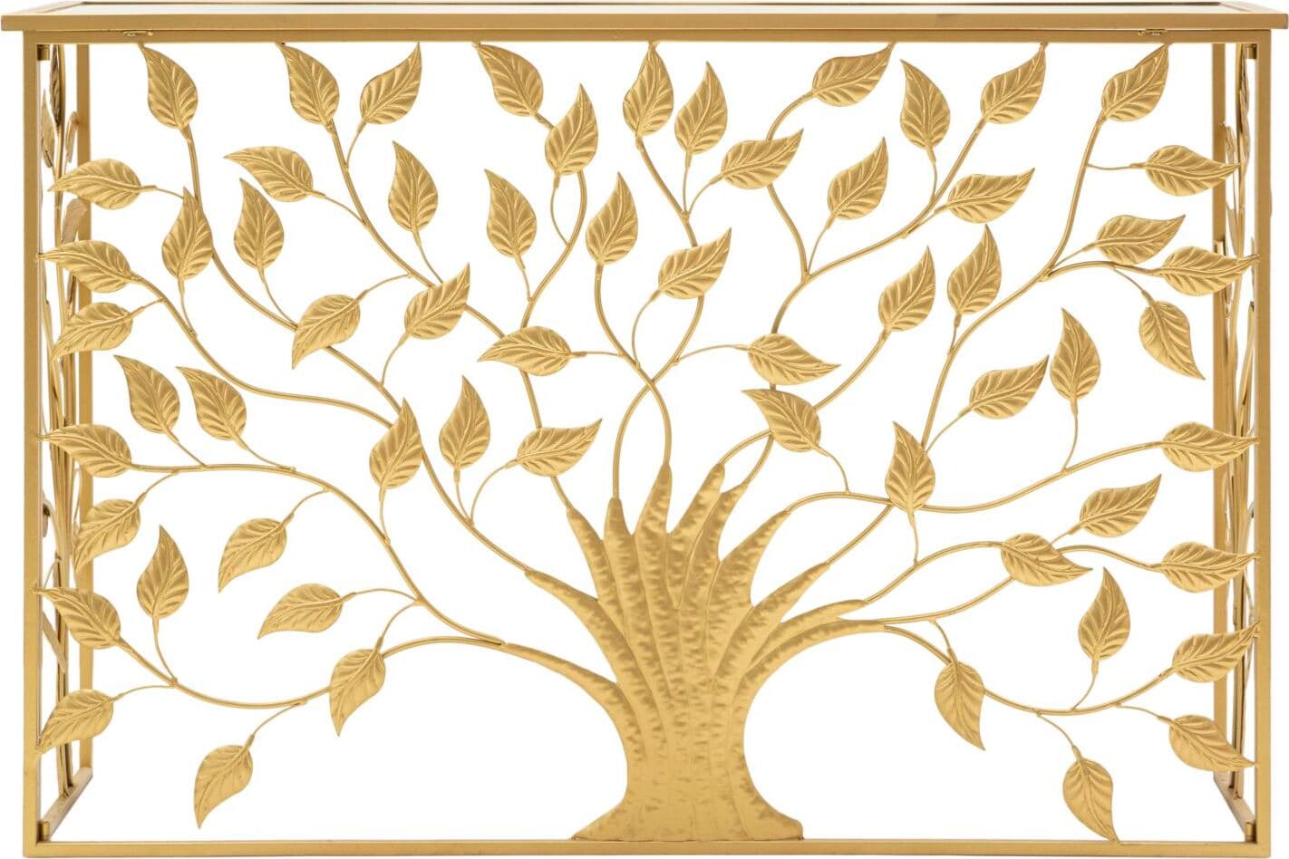 Console-albero-struttura-in-metallo-e-legno-MDF-con-ripiano-in-vetro-per-interni