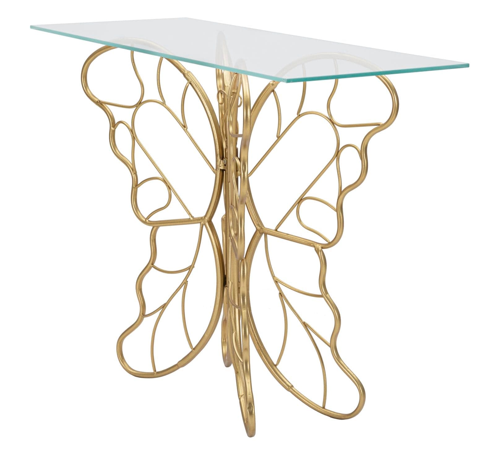 Console struttura forma farfalla in metallo color oro e ripiano in vetro per interni in Credenze Decor Space - Altamura, commercioVirtuoso.it