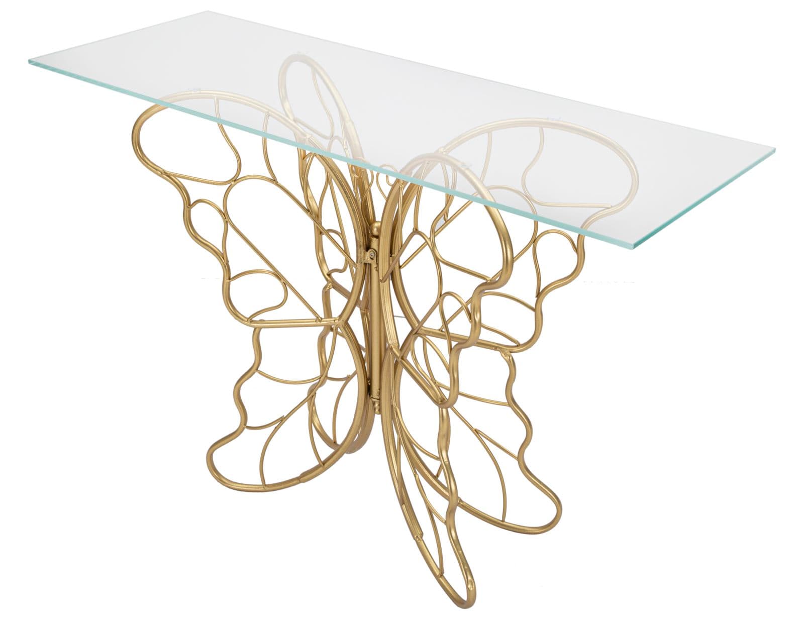 Console struttura forma farfalla in metallo color oro e ripiano in vetro per interni in Credenze Decor Space - Altamura, commercioVirtuoso.it