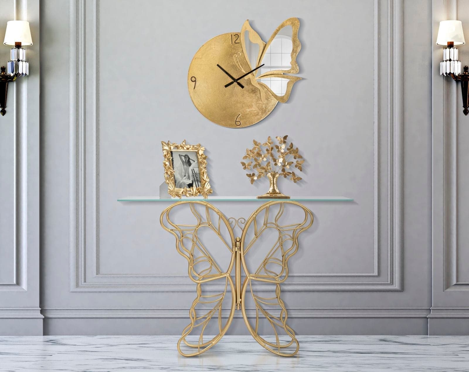 Console struttura forma farfalla in metallo color oro e ripiano in vetro per interni in Credenze Decor Space - Altamura, commercioVirtuoso.it
