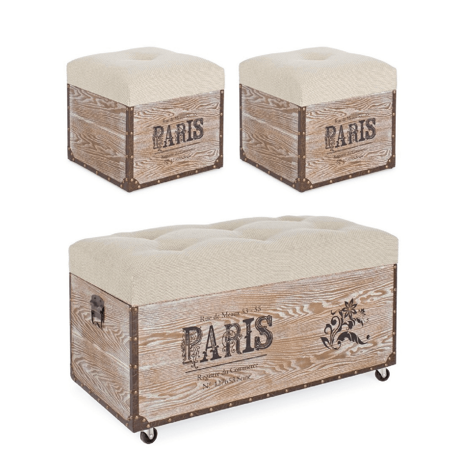 Set 3 Pouf "Travel Paris corda" effetto legno in Ottomane e poggiapiedi Decor Space - Altamura, commercioVirtuoso.it