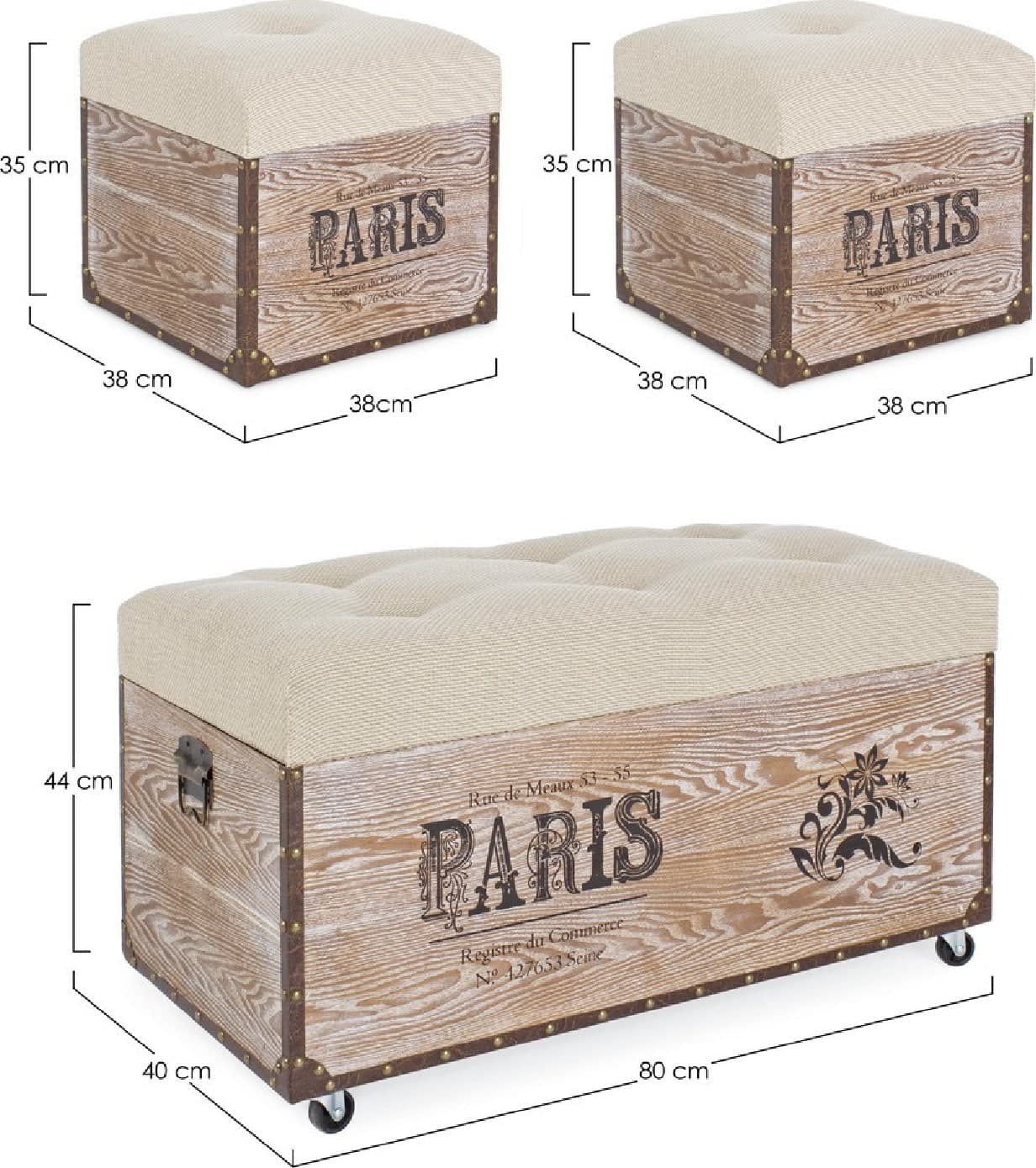 Set 3 Pouf "Travel Paris corda" effetto legno in Ottomane e poggiapiedi Decor Space - Altamura, commercioVirtuoso.it