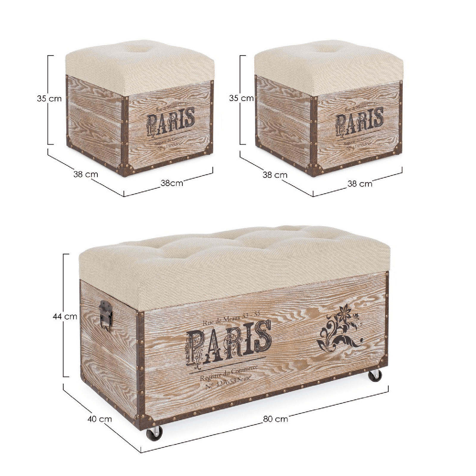 Set 3 Pouf "Travel Paris corda" effetto legno in Ottomane e poggiapiedi Decor Space - Altamura, commercioVirtuoso.it