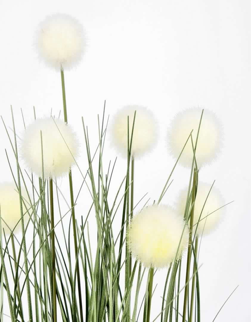 Pianta artificiale "Eriophorum" con fiori bianchi, vaso in plastica nero in Piante artificiali Decor Space - Altamura, commercioVirtuoso.it