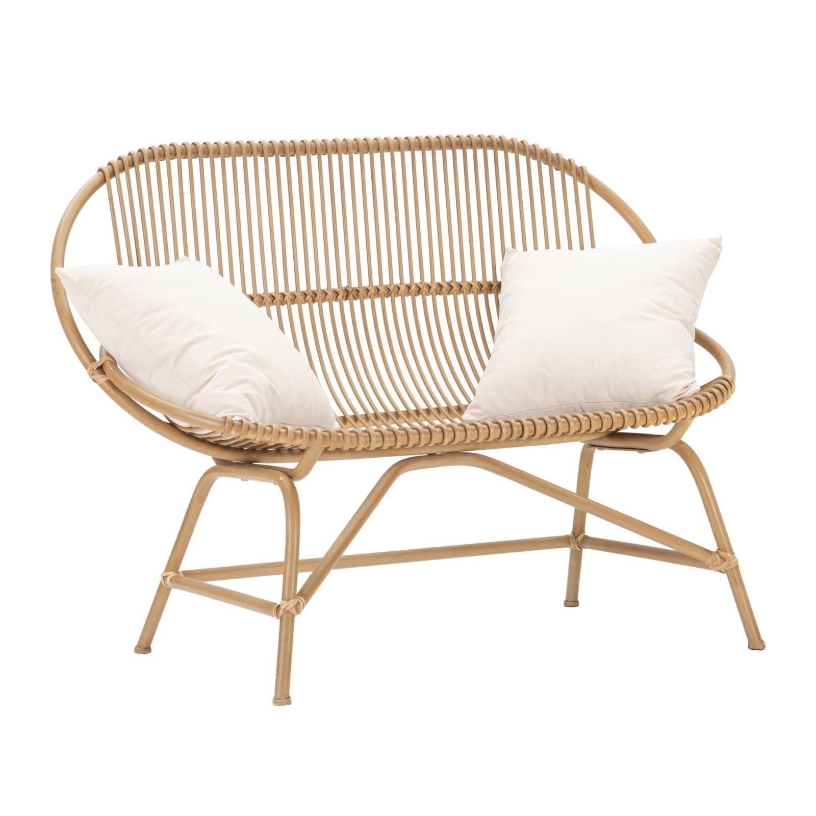 Divanetto "Panama" 2 posti in metallo e rattan con 2 cuscini per interni in Divani Decor Space - Altamura, commercioVirtuoso.it