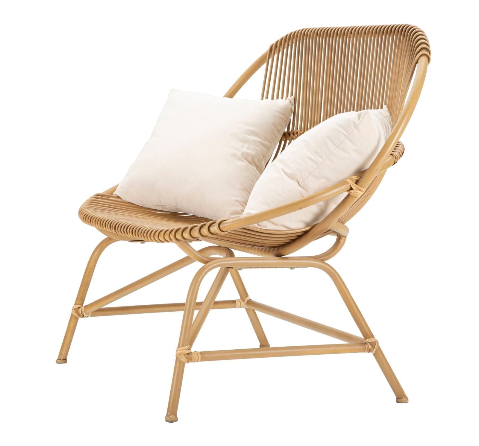 Divanetto "Panama" 2 posti in metallo e rattan con 2 cuscini per interni in Divani Decor Space - Altamura, commercioVirtuoso.it