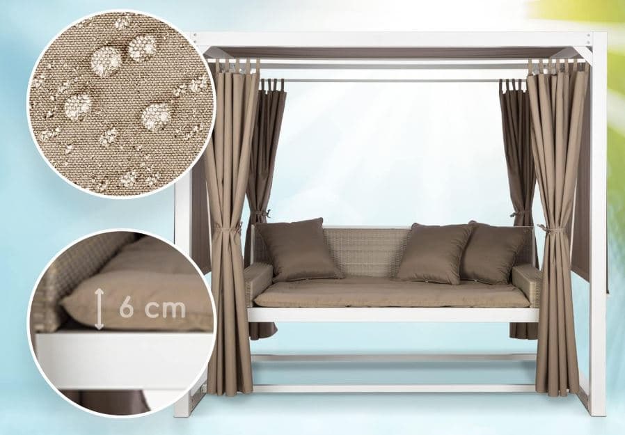 Lettino a dondolo "Daybed Haven" prendisole ad isola per giardino e piscina, baldacchino con tende in Lettini Decor Space - Altamura, commercioVirtuoso.it