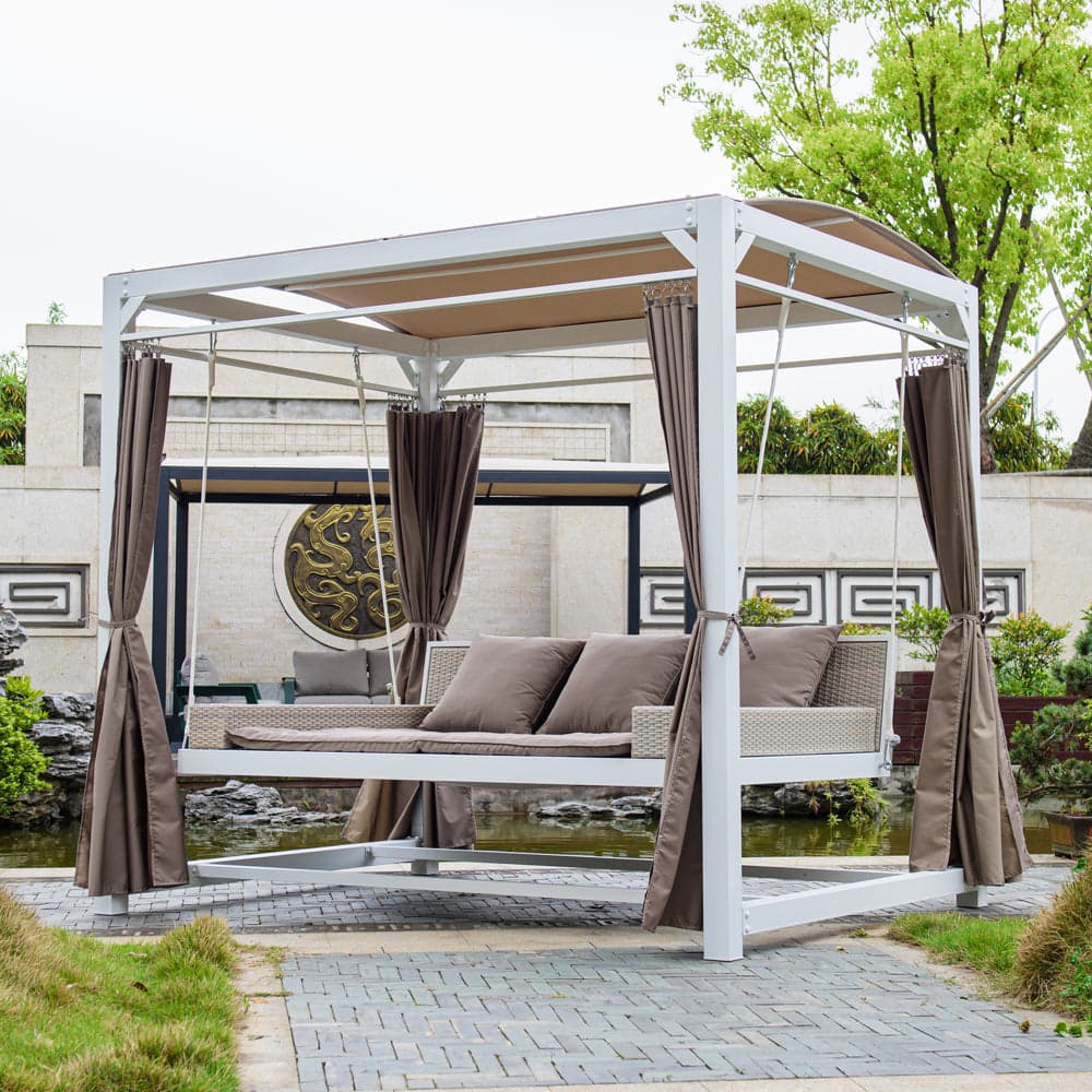 Lettino a dondolo "Daybed Haven" prendisole ad isola per giardino e piscina, baldacchino con tende in Lettini Decor Space - Altamura, commercioVirtuoso.it