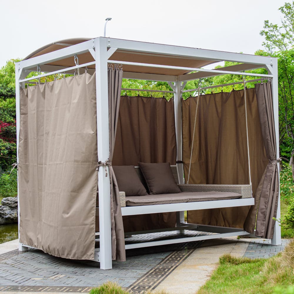 Lettino a dondolo "Daybed Haven" prendisole ad isola per giardino e piscina, baldacchino con tende in Lettini Decor Space - Altamura, commercioVirtuoso.it