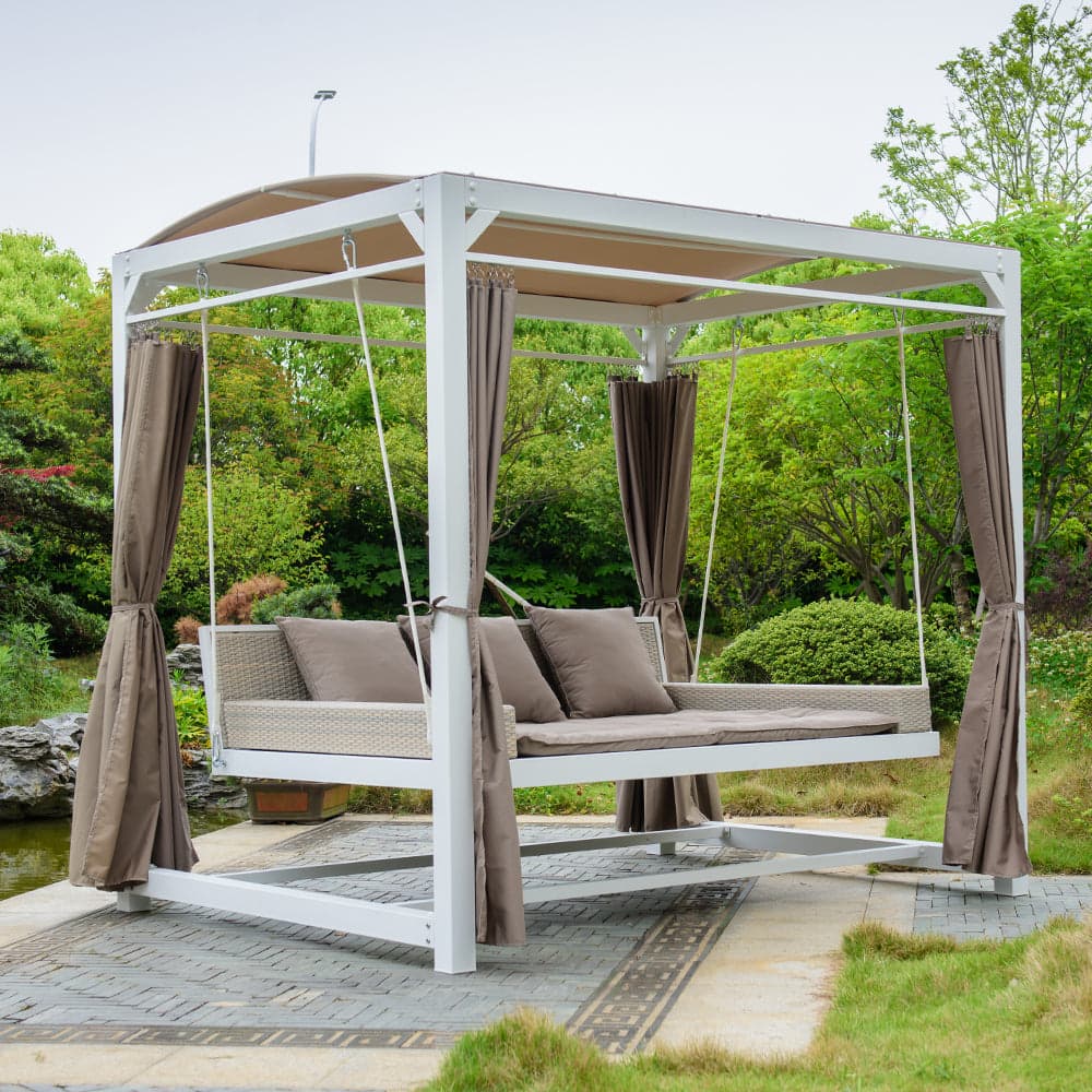 Lettino a dondolo "Daybed Haven" prendisole ad isola per giardino e piscina, baldacchino con tende in Lettini Decor Space - Altamura, commercioVirtuoso.it