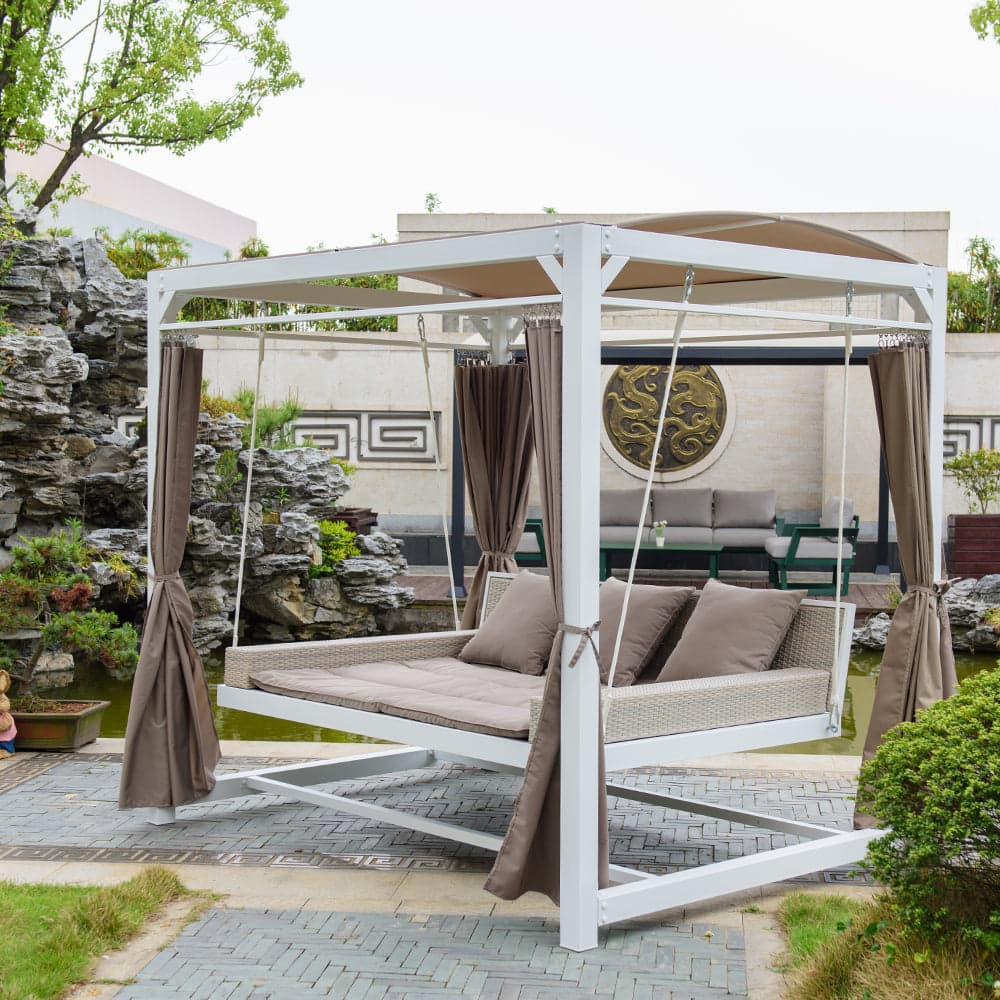 Lettino a dondolo "Daybed Haven" prendisole ad isola per giardino e piscina, baldacchino con tende in Lettini Decor Space - Altamura, commercioVirtuoso.it