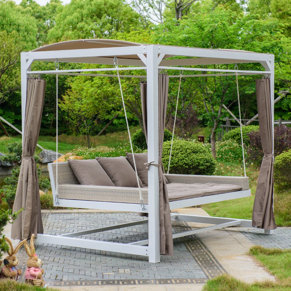 Lettino a dondolo "Daybed Haven" prendisole ad isola per giardino e piscina, baldacchino con tende in Lettini Decor Space - Altamura, commercioVirtuoso.it