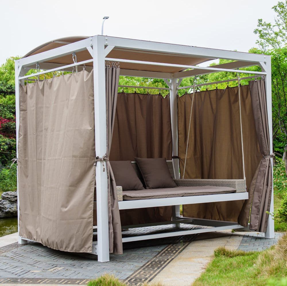 Lettino a dondolo "Daybed Haven" prendisole ad isola per giardino e piscina, baldacchino con tende in Lettini Decor Space - Altamura, commercioVirtuoso.it