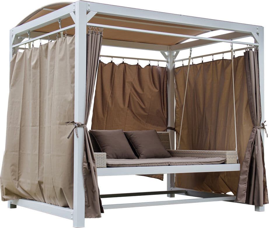 Lettino a dondolo "Daybed Haven" prendisole ad isola per giardino e piscina, baldacchino con tende in Lettini Decor Space - Altamura, commercioVirtuoso.it