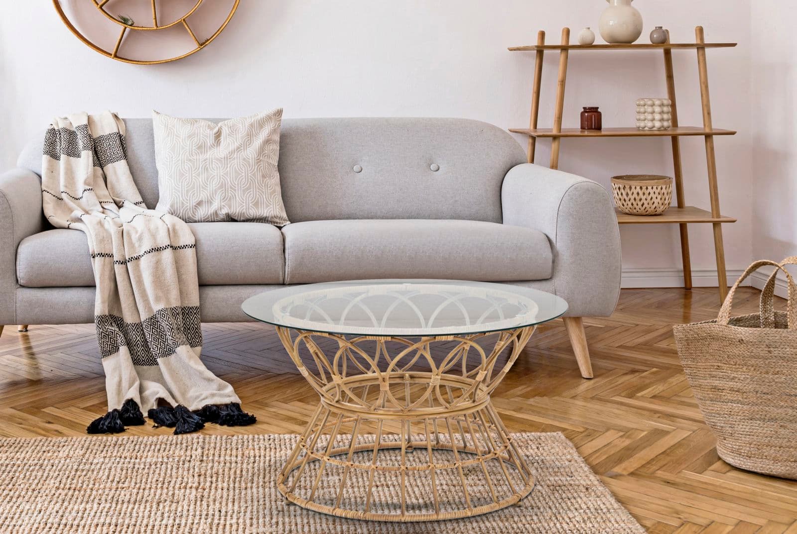 Tavolo da caffè "Panama" rotondo struttura in metallo, rattan e vetro per interni in Console e tavoli da divano Decor Space - Altamura, commercioVirtuoso.it