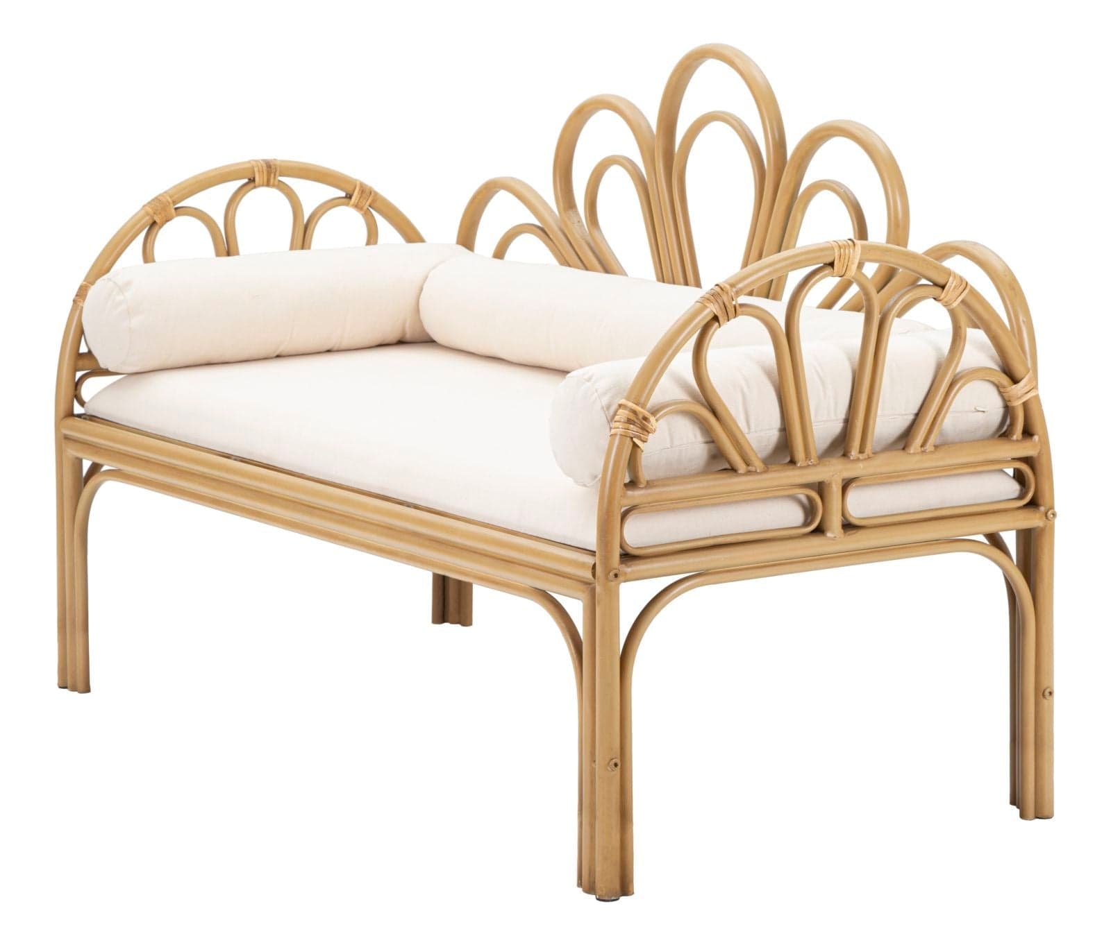 Panca "Panama" con braccioli e schienale in metallo, poliestere e rattan con cuscini per interni in Panche contenitore Decor Space - Altamura, commercioVirtuoso.it