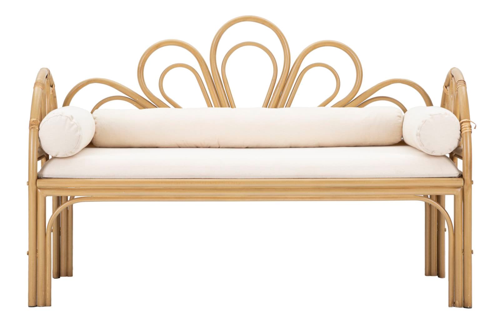 Panca "Panama" con braccioli e schienale in metallo, poliestere e rattan con cuscini per interni in Panche contenitore Decor Space - Altamura, commercioVirtuoso.it
