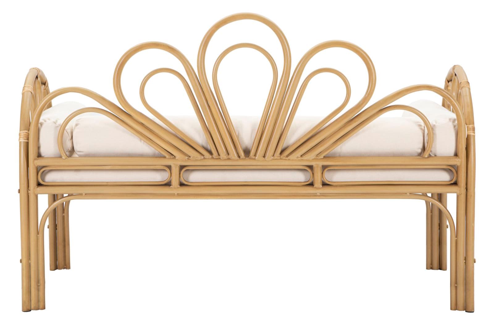 Panca "Panama" con braccioli e schienale in metallo, poliestere e rattan con cuscini per interni in Panche contenitore Decor Space - Altamura, commercioVirtuoso.it