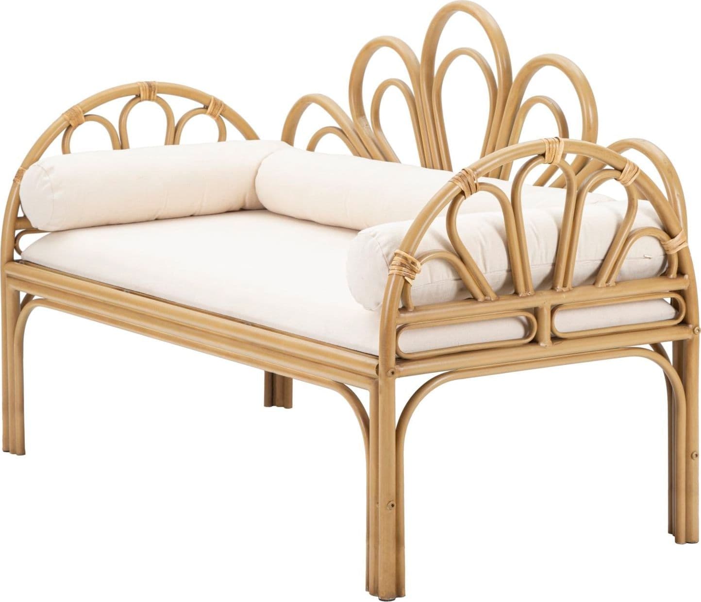 Panca "Panama" con braccioli e schienale in metallo, poliestere e rattan con cuscini per interni in Panche contenitore Decor Space - Altamura, commercioVirtuoso.it