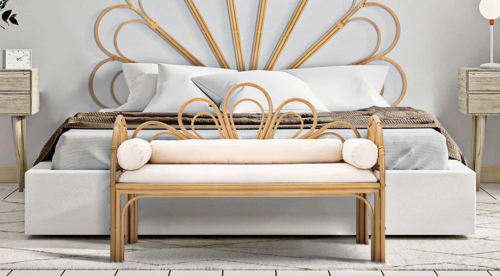 Panca "Panama" con braccioli e schienale in metallo, poliestere e rattan con cuscini per interni in Panche contenitore Decor Space - Altamura, commercioVirtuoso.it