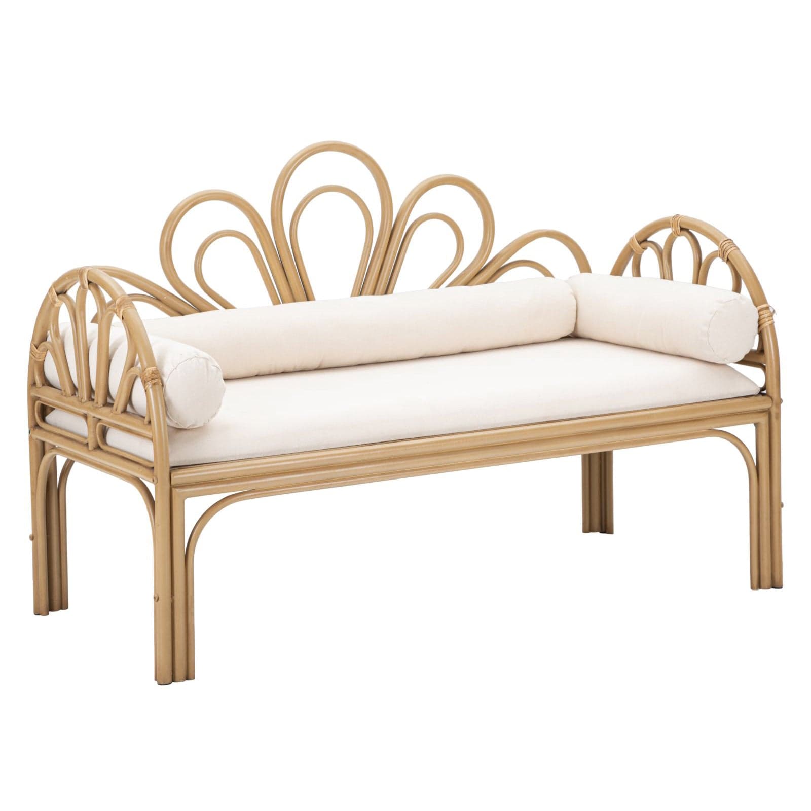 Panca "Panama" con braccioli e schienale in metallo, poliestere e rattan con cuscini per interni in Panche contenitore Decor Space - Altamura, commercioVirtuoso.it