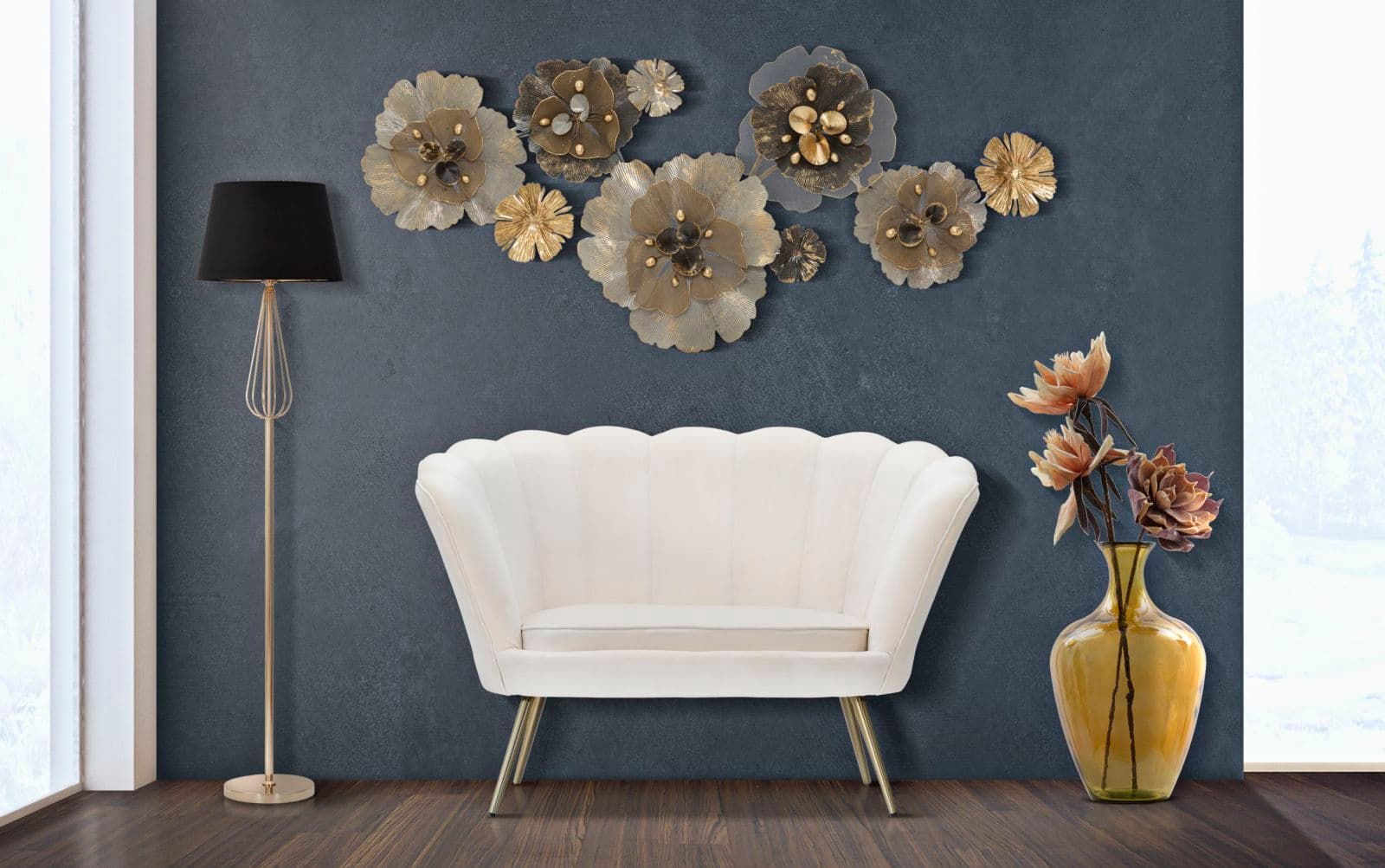 Divanetto "Vienna" 2 posti in velluto color bianco gambe color oro per interni in Divani Decor Space - Altamura, commercioVirtuoso.it
