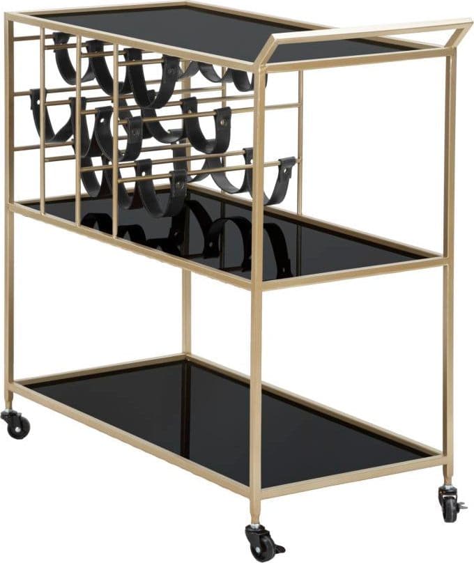 Carrello struttura in ferro color oro e nero con ruote, portabottiglie e 3 ripiani in Panche contenitore Decor Space - Altamura, commercioVirtuoso.it