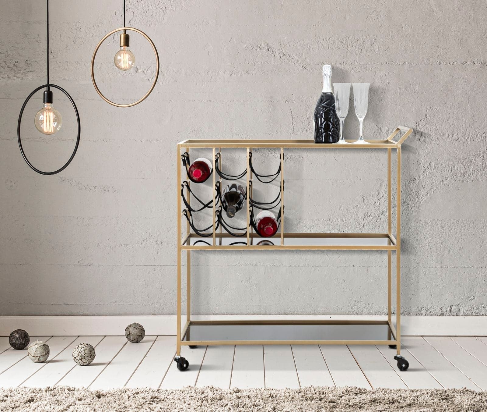Carrello struttura in ferro color oro e nero con ruote, portabottiglie e 3 ripiani - 7