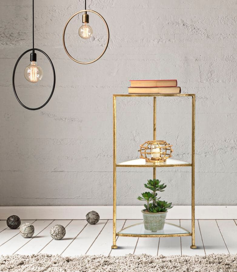 Tavolinetto porta telefono con 3 ripiani in metallo color oro e vetro per interni in Console e tavoli da divano Decor Space - Altamura, commercioVirtuoso.it