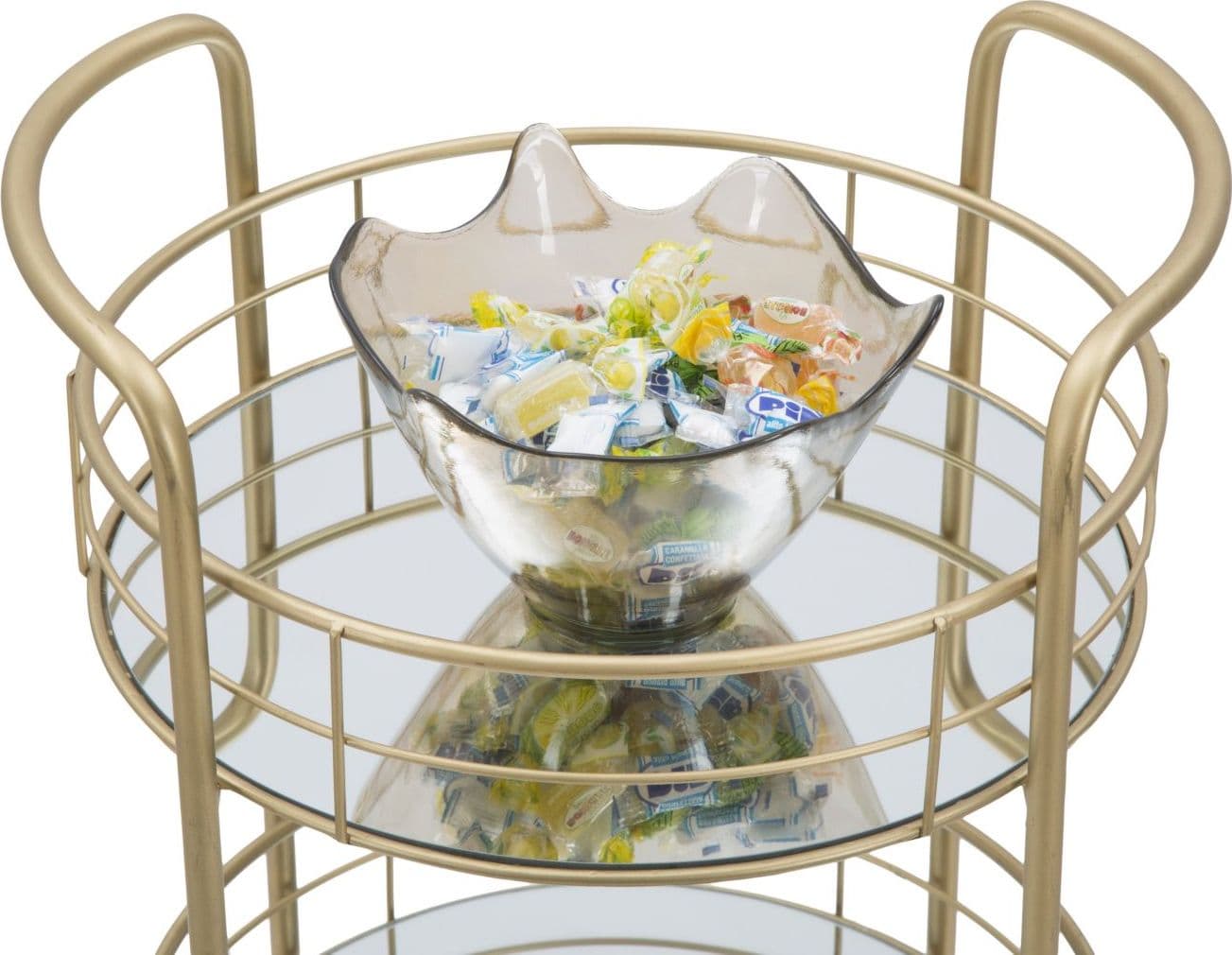Carrello con ruote struttura in ferro color oro con 3 ripiani in specchio in Panche contenitore Decor Space - Altamura, commercioVirtuoso.it