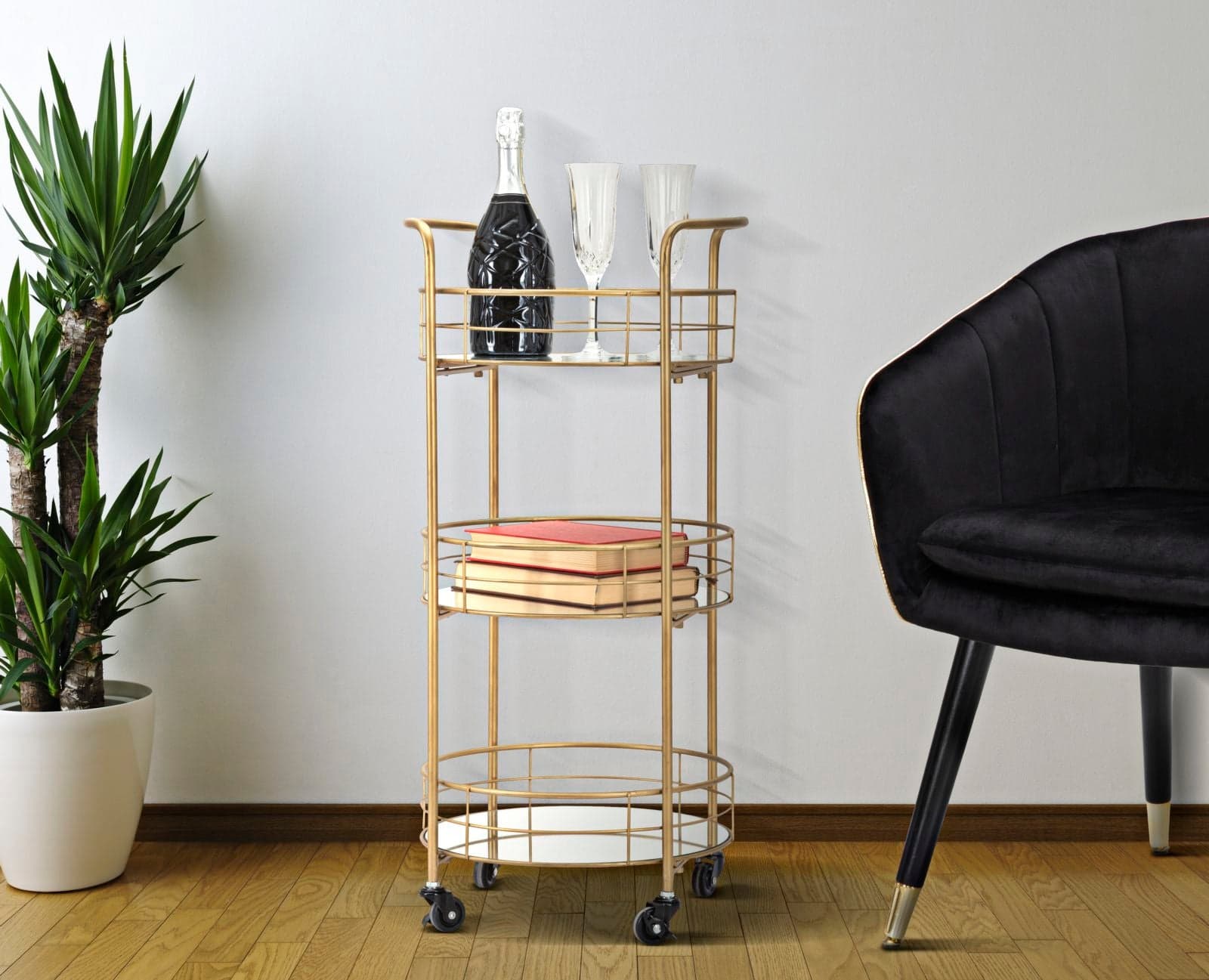 Carrello con ruote struttura in ferro color oro con 3 ripiani in specchio in Panche contenitore Decor Space - Altamura, commercioVirtuoso.it