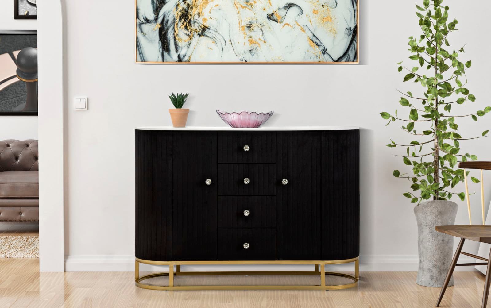 Mobile "Montpellier" struttura in metallo, legno e tessuto ripiano in marmo per interni in Cassettiere Decor Space - Altamura, commercioVirtuoso.it