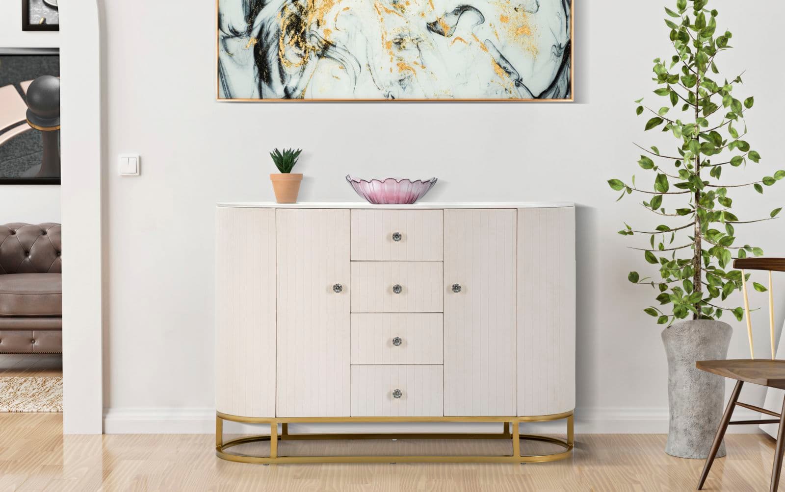 Mobile "Montpellier" struttura in metallo, legno e tessuto ripiano in marmo per interni in Cassettiere Decor Space - Altamura, commercioVirtuoso.it