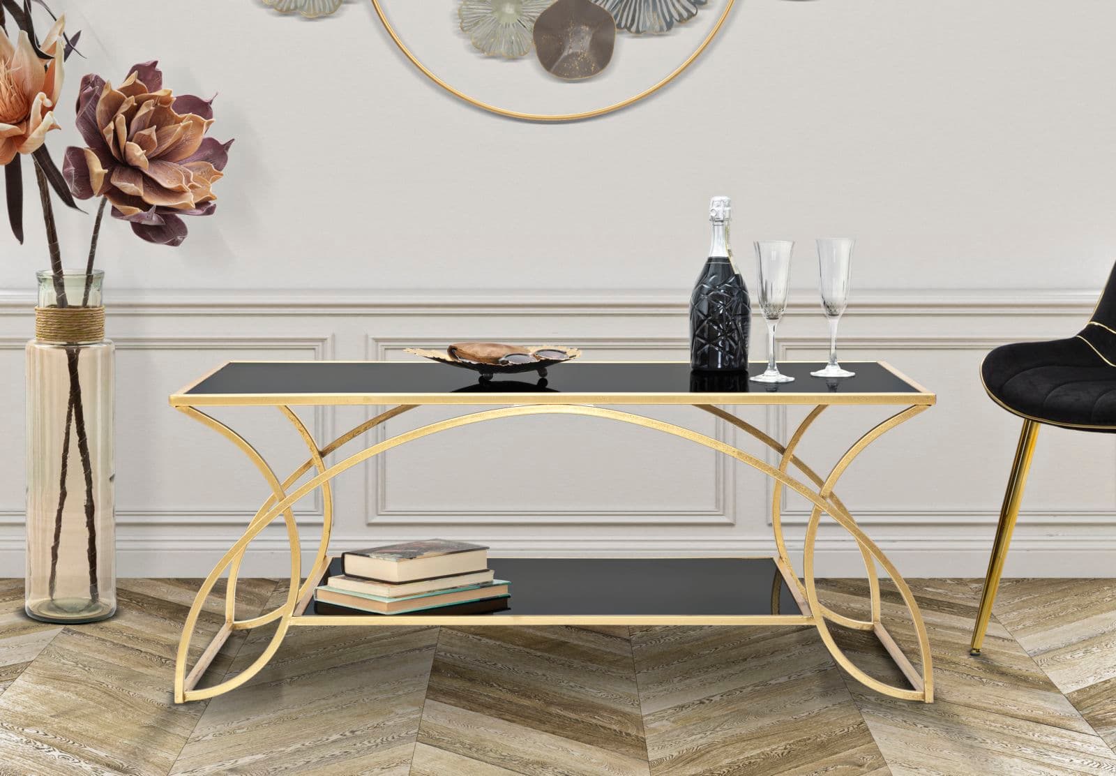 Tavolo da caffè "Sunshine" struttura in metallo e ripiano in vetro per interni in Console e tavoli da divano Decor Space - Altamura, commercioVirtuoso.it