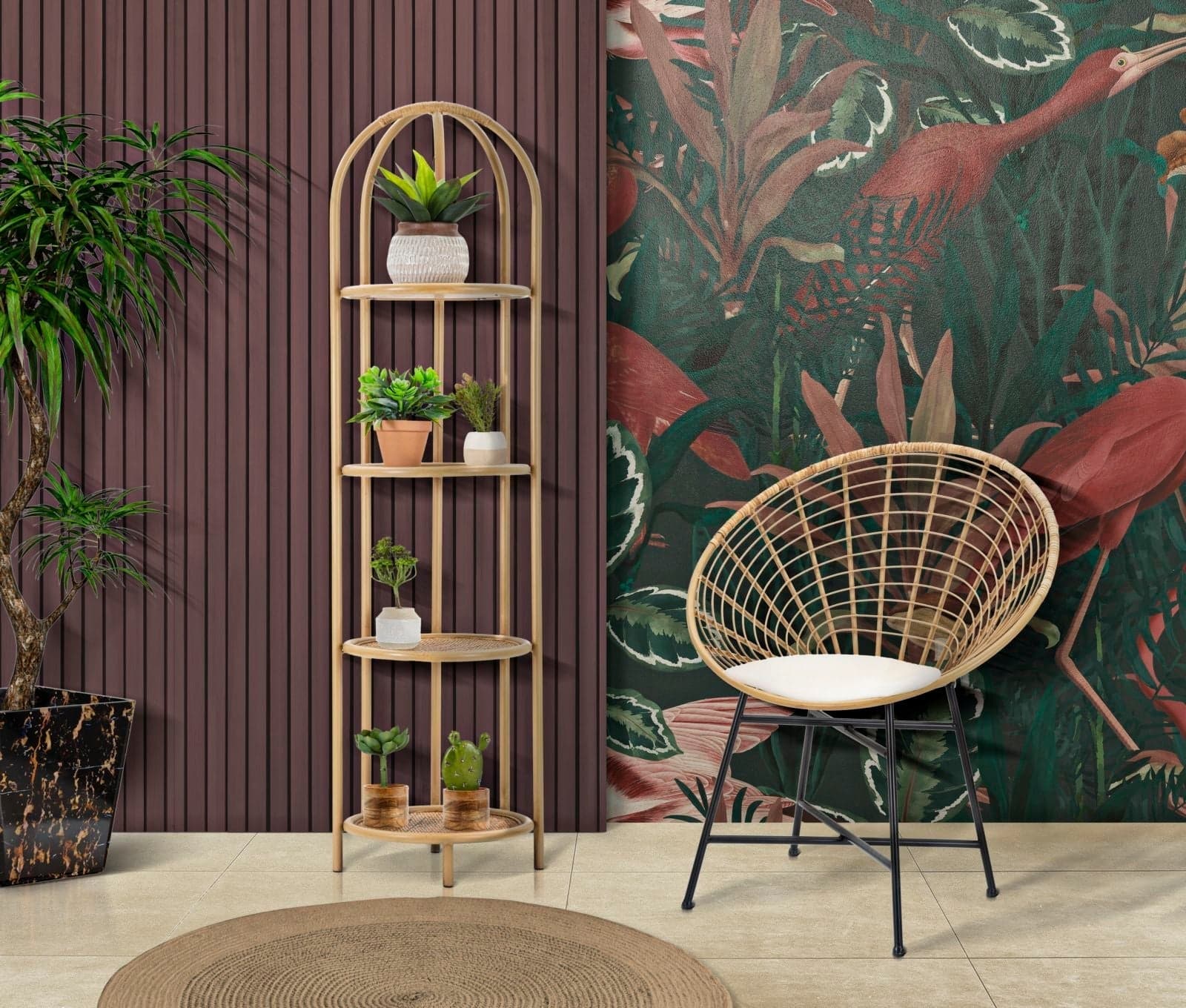 Libreria angolare "Panama" in metallo e rattan con 4 ripiani per interno in Librerie Decor Space - Altamura, commercioVirtuoso.it