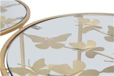 Tavolinetti-coppia-in-metallo-color-oro-ripiano-in-vetro-con-farfalle-per-interni-set-da-2