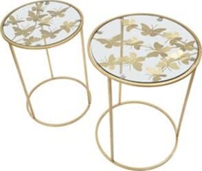 Tavolinetti-coppia-in-metallo-color-oro-ripiano-in-vetro-con-farfalle-per-interni-set-da-2