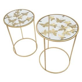 Tavolinetti coppia in metallo color oro ripiano in vetro con farfalle per interni set da 2 in Console e tavoli da divano Decor Space - Altamura, commercioVirtuoso.it