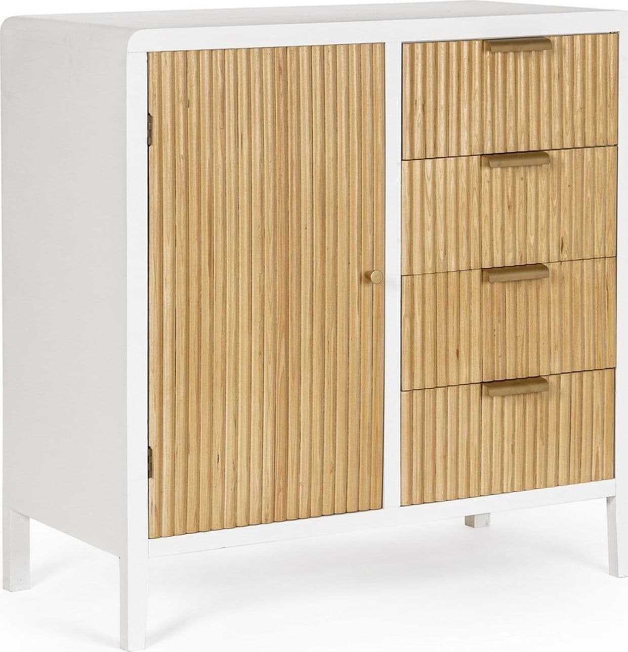 Mobile credenza "Allycia" in mdf-legno di frassino, gambe in acciaio, per interno – Bianco - Naturale, 1 anta - 4 cassetti –