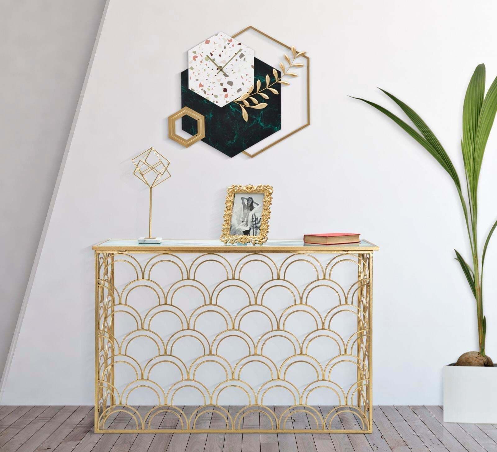 Orologio-da-parete-esagonale-in-ferro-e-legno-MDF-per-salotto-e-cucina
