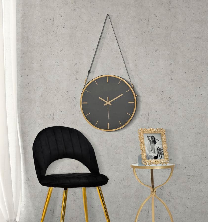 Orologio da parete color nero e oro con cinghia per salotto e cucina in Orologi da parete Decor Space - Altamura, commercioVirtuoso.it