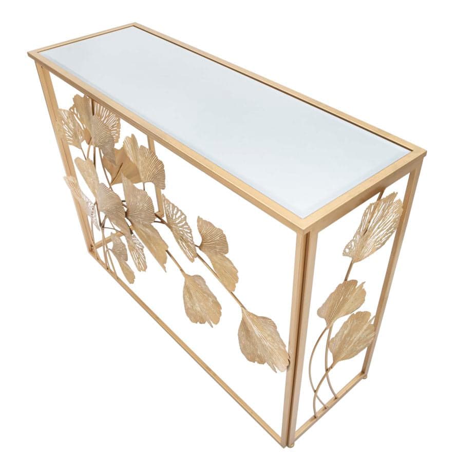 Console struttura con foglie in metallo color oro ripiano in vetro per interni in Credenze Decor Space - Altamura, commercioVirtuoso.it